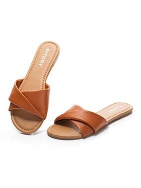Faux Leather Cushioned Flat Slide Sandals, Open Toe Slip On for Beach Walking